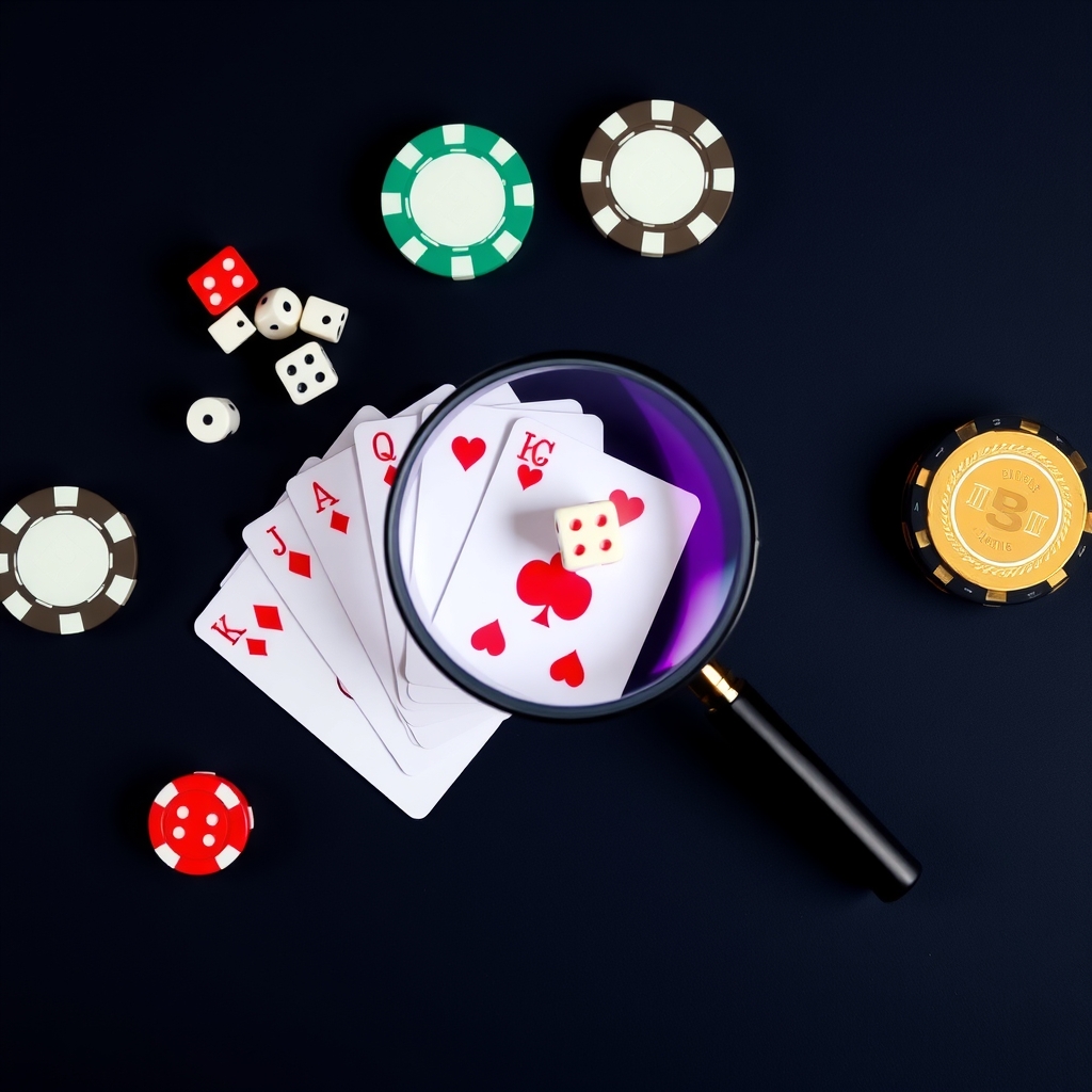 Lente di ingrandimento su carte da gioco e dadi, simbolo della verifica della licenza di un sito non AAMS