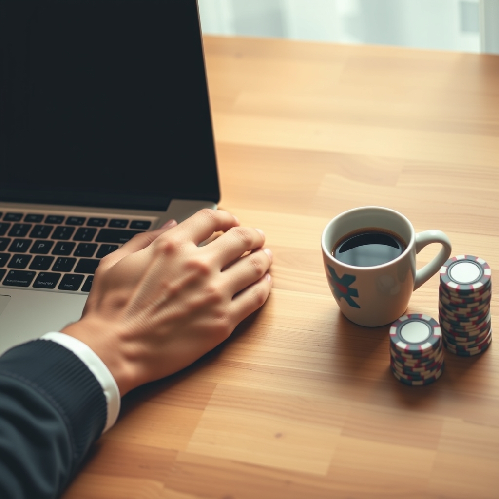 Persona rilassata alla scrivania con laptop e chip da gioco, simbolo del gioco responsabile