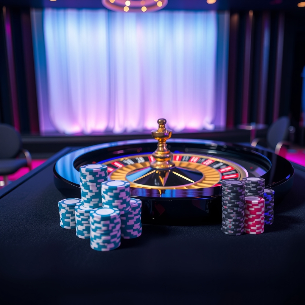 Tavolo da casino con roulette e chip in un'atmosfera moderna